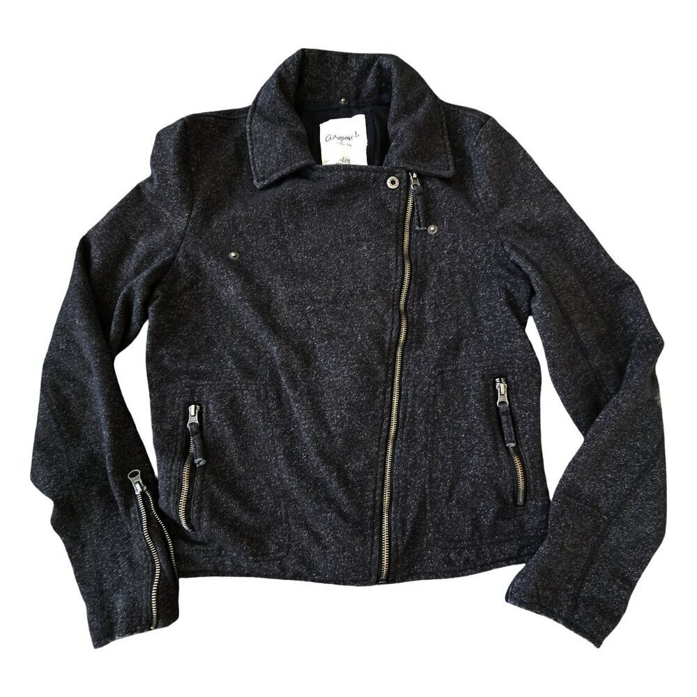 Aeropostale Women’s Black Shimmer Moto Style Jacket Size L Zip Front Zip Sleeves